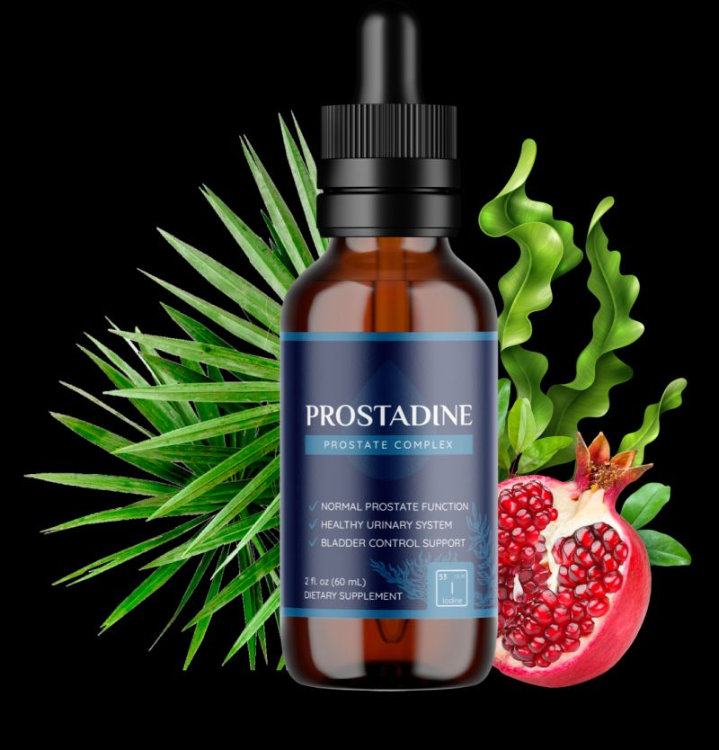 Prostadine Prostate Complex liquid supplement bottle with palm, seaweed and pomegranate ingredients